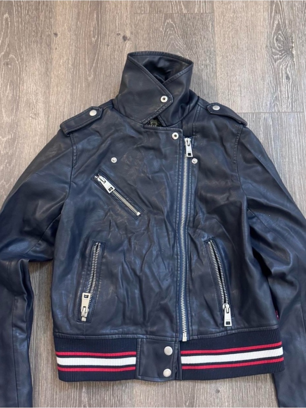 Levi's Black Leather Biker Jacket with Red and White Stripe Hem